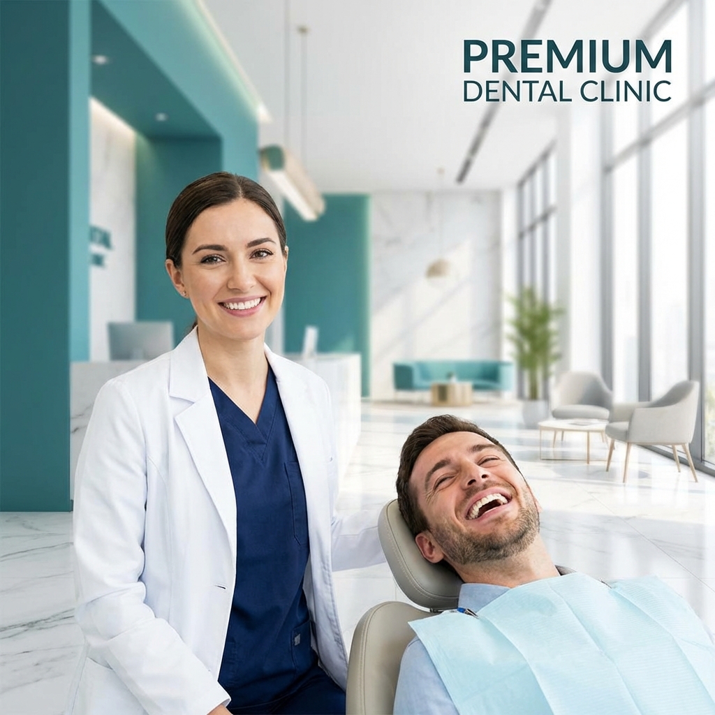 Friendly dentist treating a happy patient in a modern dental clinic